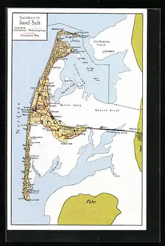 Künstler-AK Keitum /Sylt, Landkarte mit Westerland, Morsum und Archsum