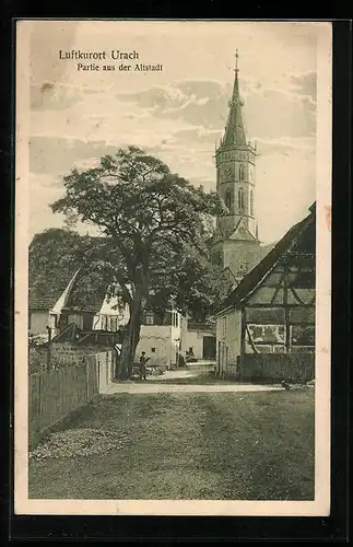 AK Urach, Partie aus der Altstadt mit Turmspitze