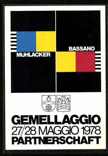 Künstler-AK Mühlacker, Partnerschaft Mühlacker und Bassano 1978, Wappen