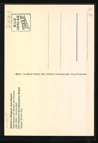 AK Prevorst in den Löwensteiner Bergen, Gasthof und Metzgerei Zum Ochsen, Innenansicht