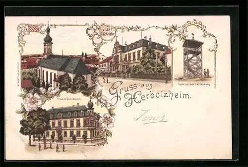 Künstler-AK Herbolzheim, Villa C. Schindler, Kirche, Turm auf dem Kahlenberg