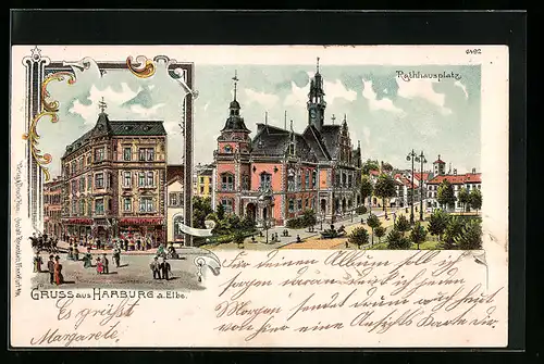 Lithographie Harburg a. Elbe, Kaufhaus J. Cohn & Co., Rathausplatz