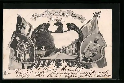 AK Ahrensbök, Festpostkarte Krieger-Verbandsfest 1903, Strassenpartie mit Denkmal, Kaiser Wilhelm II.