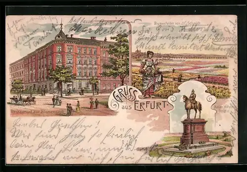 Lithographie Erfurt, Restaurant zur Blumenstadt, Frau am Blumenbeet, Kaiser Wilhelm-Denkmal