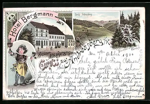 Lithographie Andreasberg i. H., Hotel Bergmann, Sankt Andreasberg, Wasserfall am Oderteich