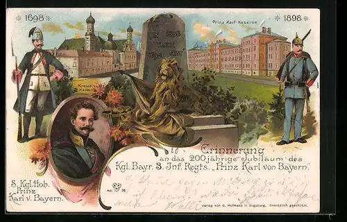 Lithographie München, 200 jähriges Jubiläum des Kgl. Bayr. 3. Inf. Regts. Prinz Karl von Bayern 1898