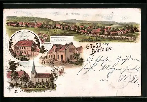 Lithographie Barfelde, Kirche und Pfarrhaus, Alte und neue Schule