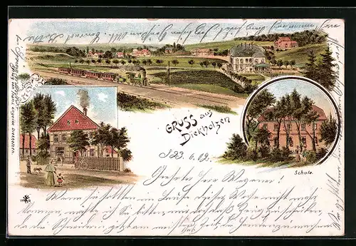 Lithographie Diekholzen, Ortspartie mit Eisenbahn, Wohnhaus, Schule