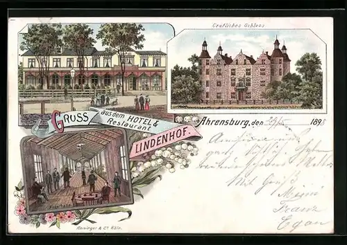 Lithographie Ahrensburg, Hotel & Restaurant Lindenhof, Kegelbahn, Gräfliches Schloss