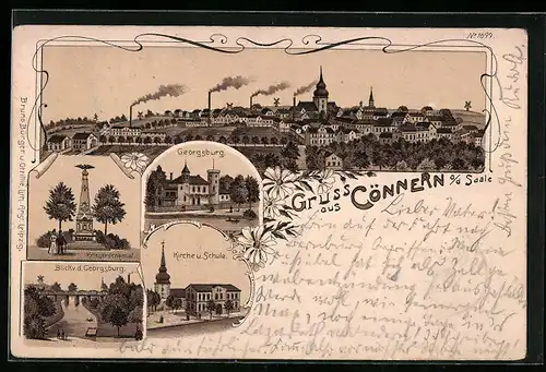 Lithographie Cönnern a. d. Saale, Georgsburg, Kirche und Schule, Kriegerdenkmal