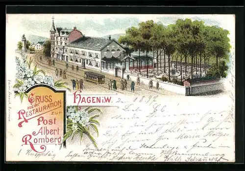 Lithographie Hagen i. W., Restaurant zur Post, Albert Romberg