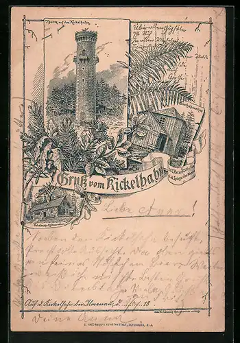 Vorläufer-Lithographie Ilmenau, 1894, Kickelhahn, Sabelbach-Restauration, Goethehäuschen