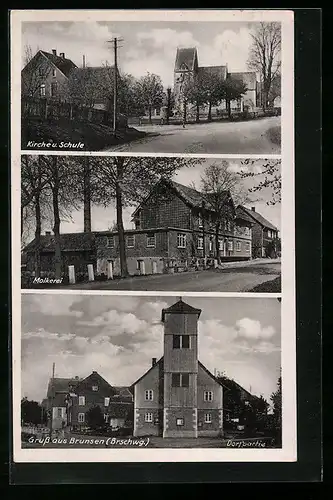 AK Brunsen /Brschwg., Kirche u. Schule, Molkerei, Dorfpartie