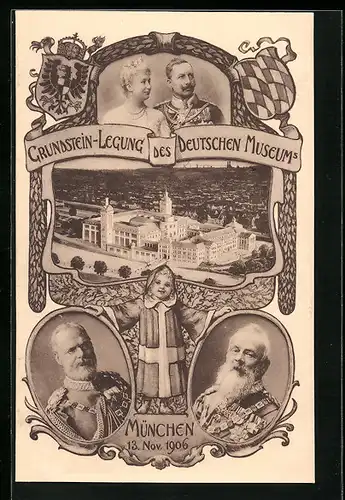 AK München, Festpostkarte zur Grundsteinlegung des deutschen Museums, Kaiserpaar, Münchner Kindl