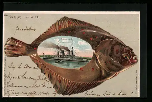 Passepartout-Lithographie Kiel, S. M. S. Linienschiff in einem Fisch dargestellt