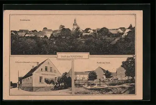 AK Punschrau, Totalansicht, Schankwirtschaft z. Linde, Partie am Teich