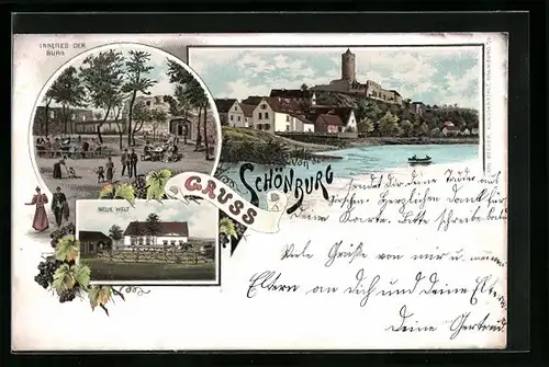 Lithographie Schönburg bei Naumburg, Inneres der Burg, Gasthaus Neue Welt, Burg
