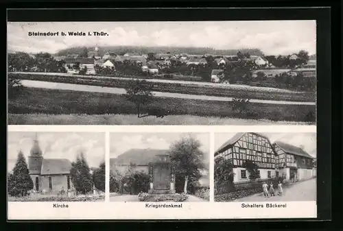 AK Steinsdorf b. Weida i. Thür., Ortsansicht, Kirche, Kriegerdenkmal, Schallers Bäckerei