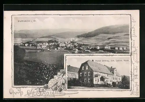 AK Burbach i. W., Ortsansicht mit Hotel Dilthey, Inh. Leonh. Koch