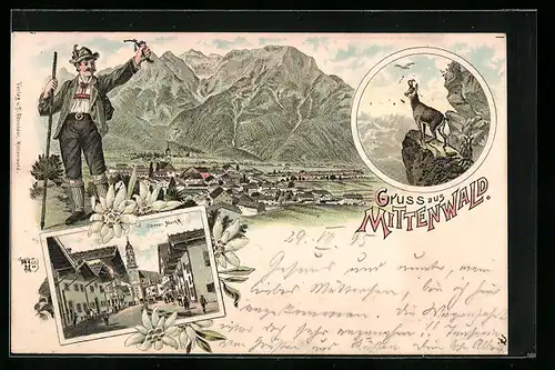 Vorläufer-Lithographie Mittenwald, Oberer Wald, Teilansicht mit Bergen, 1895