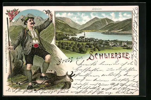 Lithographie Schliersee, Ortsansicht mit See und Jäger