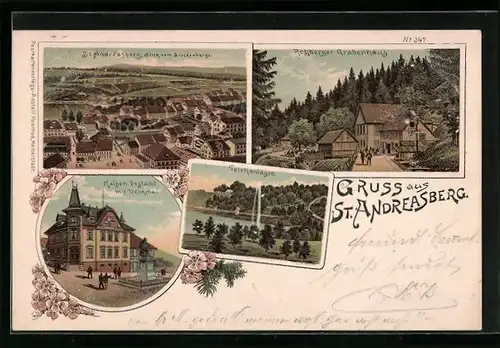 Lithographie St. Andreasberg, Kaiserl. Postamt mit Denkmal, Rehberger Grabenhaus