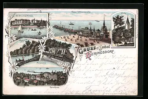 Lithographie Heringsdorf, Lindemanns Hotel, Corswandt-See, Kirche, Kaiser-Wilhelmbrücke