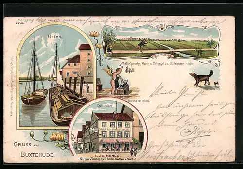 Lithographie Buxtehude, Hafen, Deutsch. Radf. Bundes-Gasthaus