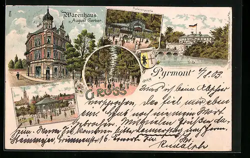 Lithographie Pyrmont, Warenhaus August Gerber, Stahltrinkhalle, Garten