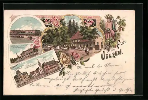 Lithographie Uelzen, Gasthaus Fischerhof, Königliches Realprogymnasium und Kriegerdenkmal, Bahnhof