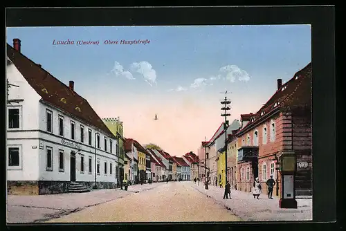 AK Laucha /Unstrut, Obere Hauptstrasse mit Obendorf`s Hotel und Passanten