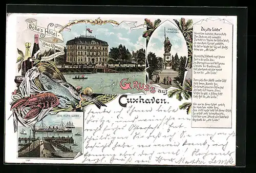 Lithographie Cuxhaven, Dölle`s Hotel, Die alte Liebe, Krieger-Denkmal
