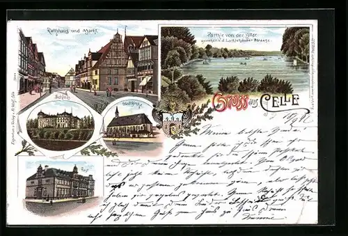 Lithographie Celle, Rathaus und Markt, Schloss, Stadtkirche