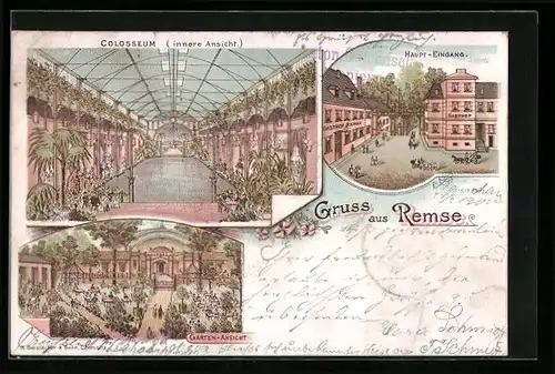 Lithographie Remse, Colosseum, Innenansicht, Haupteingang und Garten