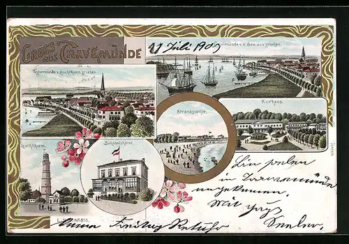 Lithographie Travemünde, Ortsansicht, Leuchtturm, Bahnhofshotel und Kurhaus