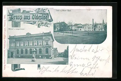 AK Oldesloe, Postamt und Langestrasse, Sol- und Moor-Bad