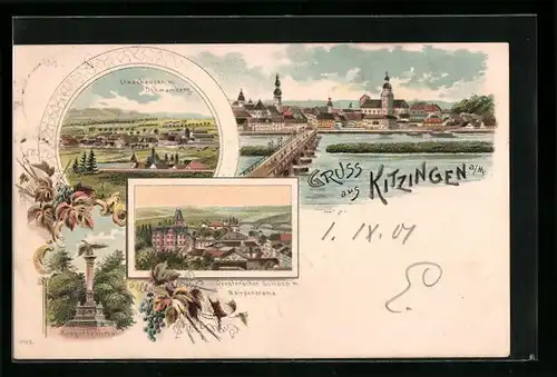 Lithographie Kitzingen a. M., Etwashausen mit Schwamberg, Kriegerdenkmal, Deuster`scher Schloss
