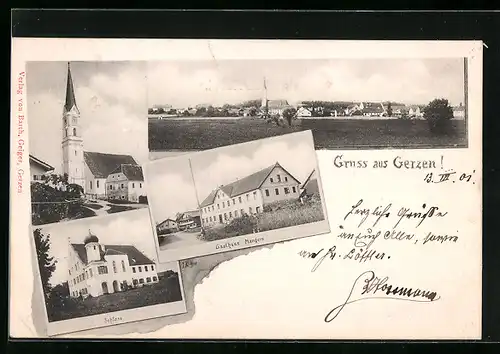 AK Gerzen, Ortsansicht, Gasthaus Mangern, Schloss