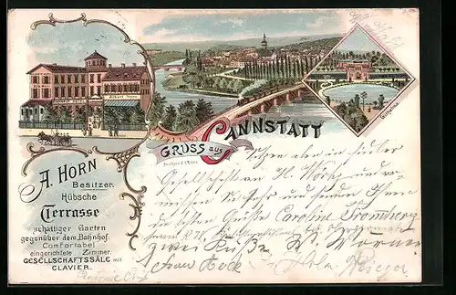 Lithographie Cannstatt, Bahnhof Hotel, Bes. A. Horn, Wilhelma, Ortsansicht