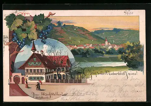 Lithographie Untertürkheim, Gruss aus dem Gasthaus zum Mönchskeller