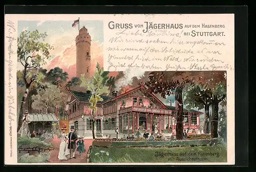 Lithographie Stuttgart, Gruss vom Gasthof Jägerhaus auf dem Hasenberg