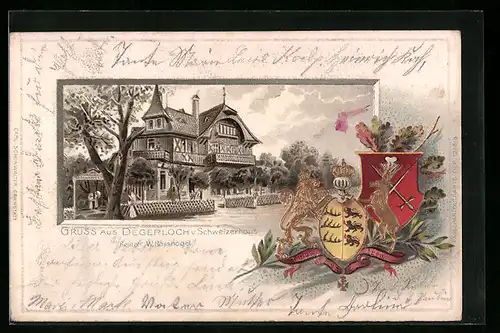 Passepartout-Lithographie Degerloch, Gasthaus Schweizerhaus, Bes. W. Rossnagel, Wappen