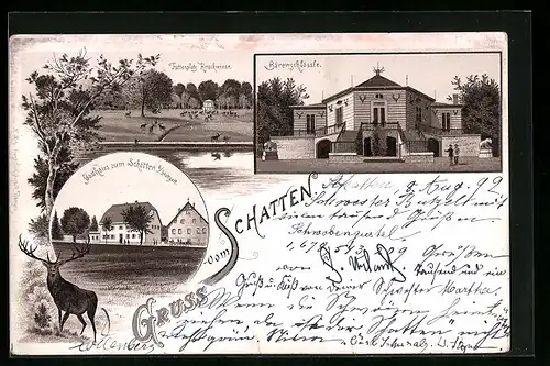 Lithographie Stuttgart, Gasthaus zum Schatten, Bärenschlössle, Hirschwiese