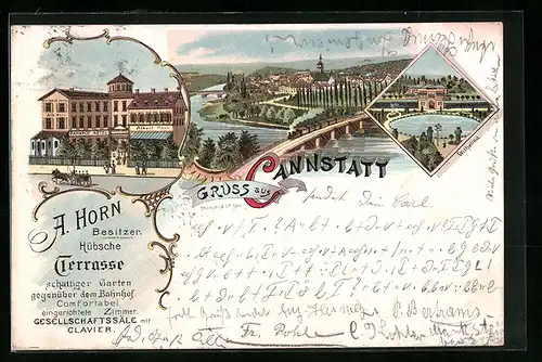 Lithographie Cannstatt, Bahnhof Hotel, Bes. A. Horn, Wilhelma, Ortsansicht