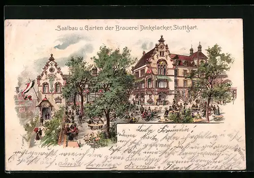 Lithographie Stuttgart, Saalbau und Garten der Brauerei Dinkelacker