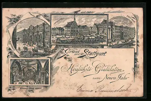 Lithographie Stuttgart, Bahnhof, Marktplatz und Post-Amt