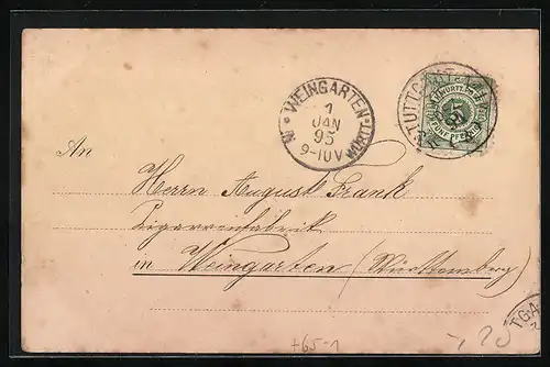 Lithographie Stuttgart, Bahnhof, Marktplatz und Post-Amt