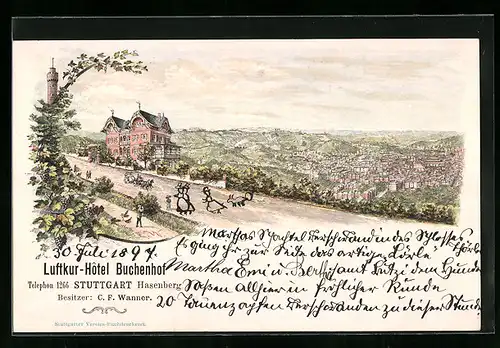 Lithographie Stuttgart, Luftkur-Hotel Buchenhof, Bes. C. F. Wanner