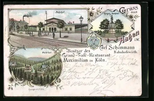 Lithographie Hagen i. W., Bahnhof, Gasthaus Waldlust mit Umgebung