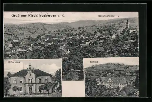 AK Kiechlinsbergen a. K., Gesamtansicht aus der Vogelschau, Schule und Schloss